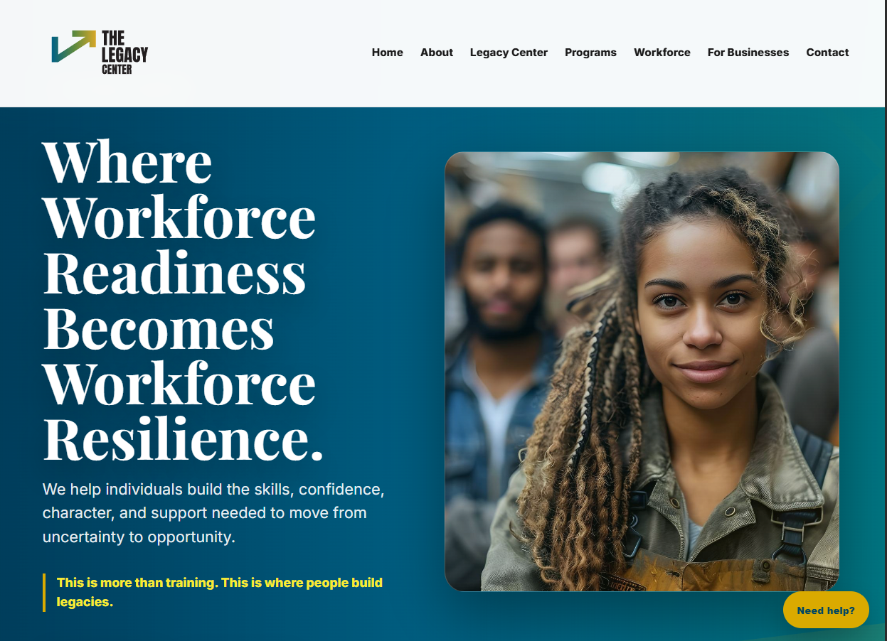 Legacy Center website homepage showing its navigation, workforce readiness message, and organization photography.