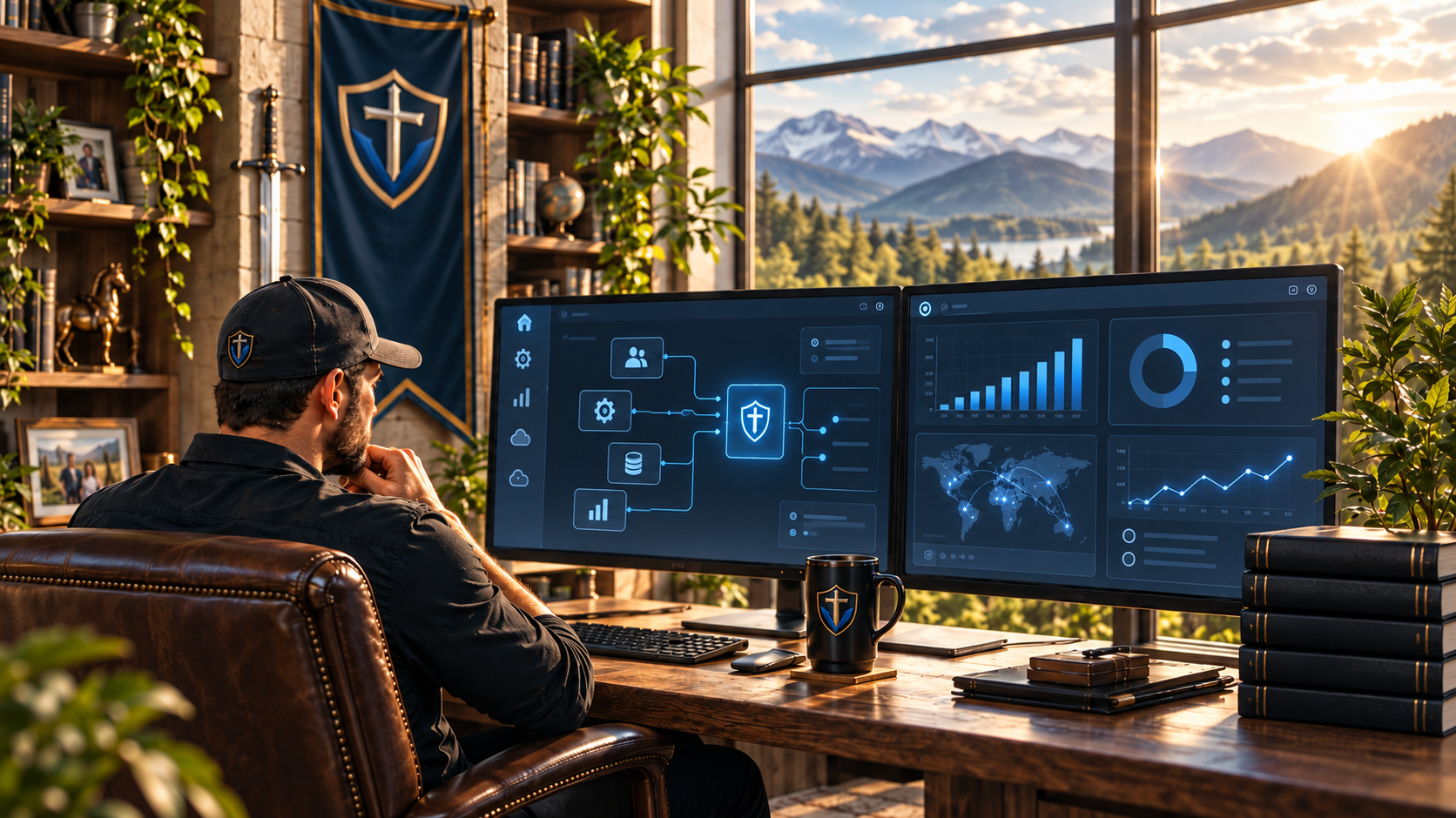 Business owner reviewing connected systems and performance dashboards in a bright mountain-view office.